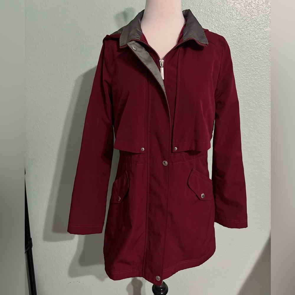 Nautica Women's Dark Red Rain Jacket Utility Trench